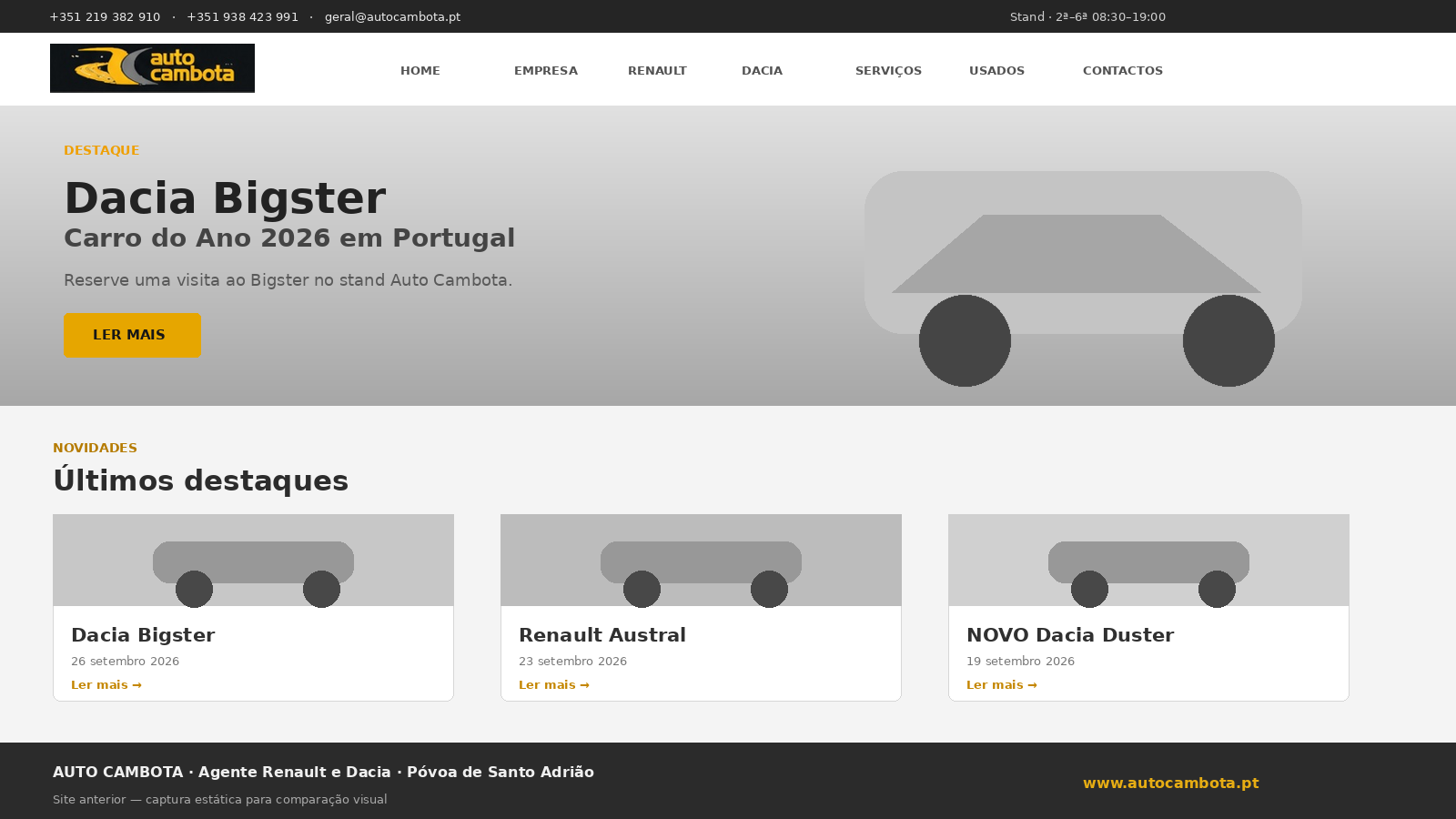 Pré-visualização estática do site anterior da Auto Cambota